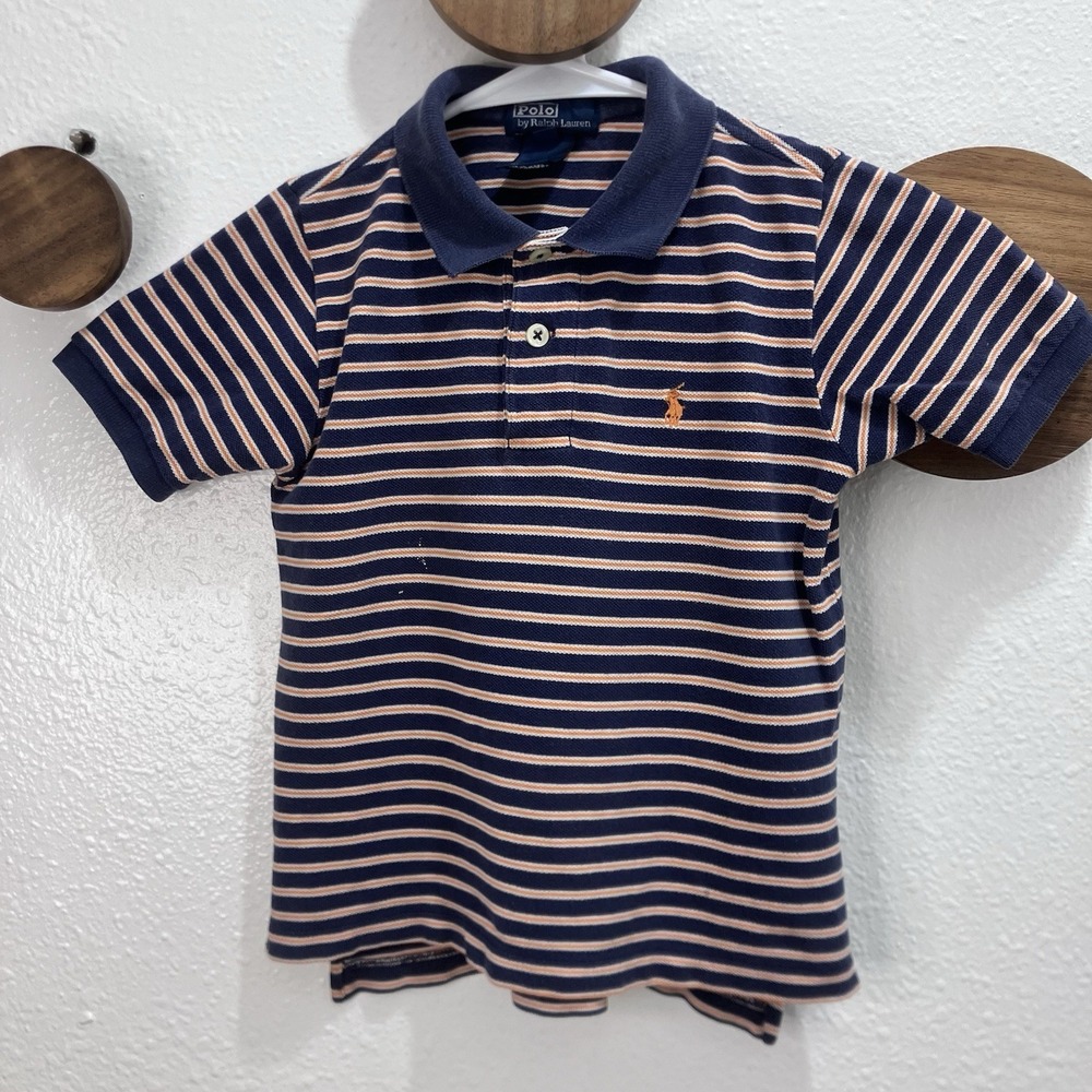 VTG Polo Ralph Lauren Youth Polo Shirt Boys 4 Orange Striped Navy 100% Cotton